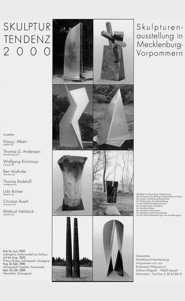 2000 | Skulptur Tendenz 2000, Skulpturenausstellung in Mecklenburg-Vorpommern | Schlosspark, Neustrelitz; Am Schloss, Ludwigslust; Schlosspark, Putbus (Rügen); Strandpromenade, Heringsdorf (Usedom) | Archiv Christian Roehl, Potsdam